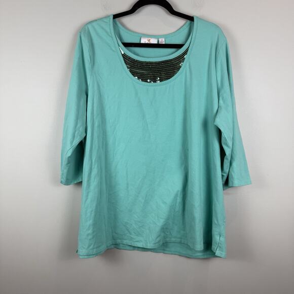 Quacker Factory Womens Top 2X Blue Sequin 3/4 Sleeve Blouse 100% Cotton Mature - Picture 1 of 8